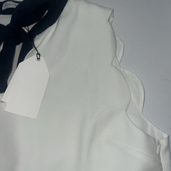 English Factory Sleeveless White Shift Dress With Navy Tie Collar Size Large - Picture 5 of 12